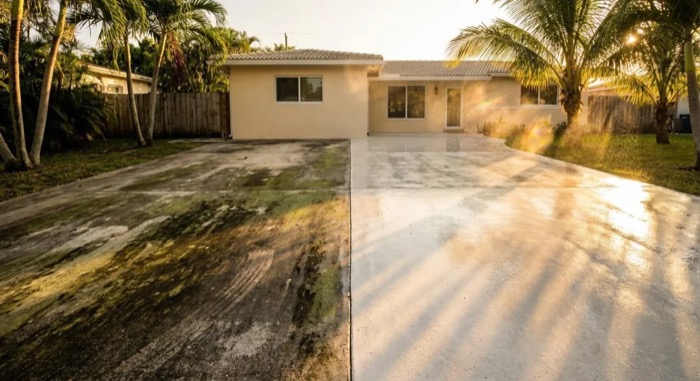 Driveway pressure washing before and after